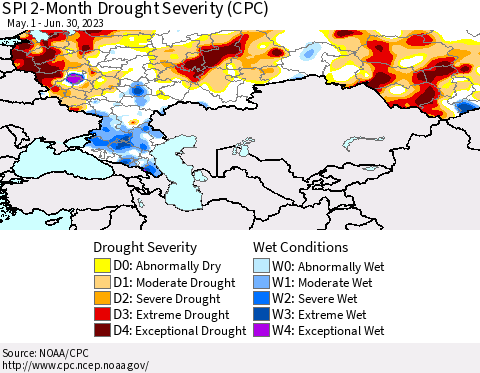 Russian Federation SPI 2-Month Drought Severity (CPC) Thematic Map For 5/1/2023 - 6/30/2023