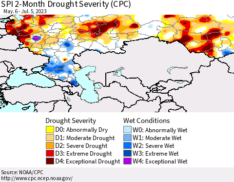 Russian Federation SPI 2-Month Drought Severity (CPC) Thematic Map For 5/6/2023 - 7/5/2023