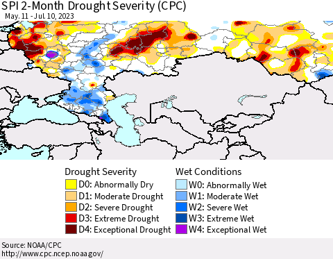 Russian Federation SPI 2-Month Drought Severity (CPC) Thematic Map For 5/11/2023 - 7/10/2023