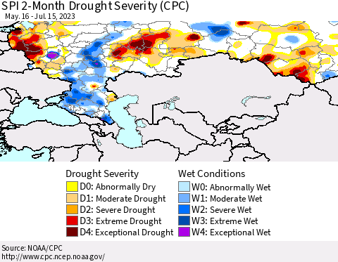 Russian Federation SPI 2-Month Drought Severity (CPC) Thematic Map For 5/16/2023 - 7/15/2023