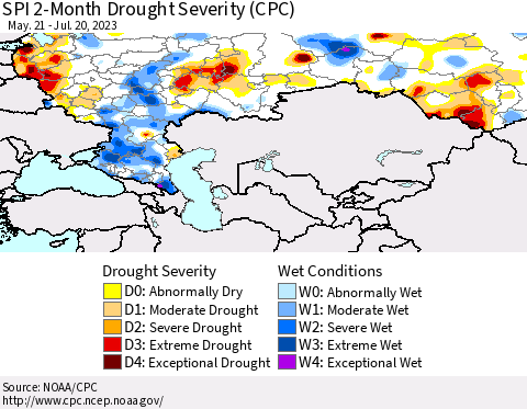 Russian Federation SPI 2-Month Drought Severity (CPC) Thematic Map For 5/21/2023 - 7/20/2023