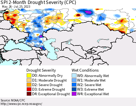Russian Federation SPI 2-Month Drought Severity (CPC) Thematic Map For 5/26/2023 - 7/25/2023