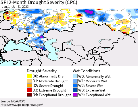 Russian Federation SPI 2-Month Drought Severity (CPC) Thematic Map For 6/1/2023 - 7/31/2023