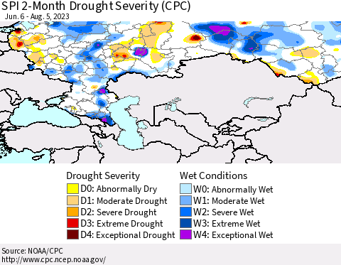 Russian Federation SPI 2-Month Drought Severity (CPC) Thematic Map For 6/6/2023 - 8/5/2023