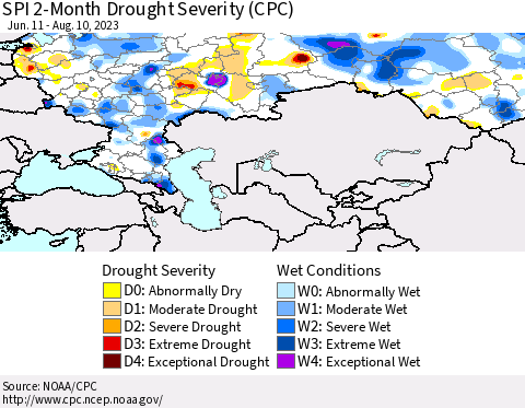 Russian Federation SPI 2-Month Drought Severity (CPC) Thematic Map For 6/11/2023 - 8/10/2023