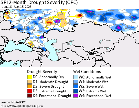 Russian Federation SPI 2-Month Drought Severity (CPC) Thematic Map For 6/16/2023 - 8/15/2023
