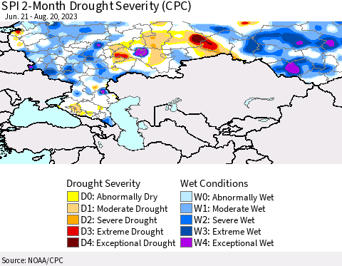 Russian Federation SPI 2-Month Drought Severity (CPC) Thematic Map For 6/21/2023 - 8/20/2023