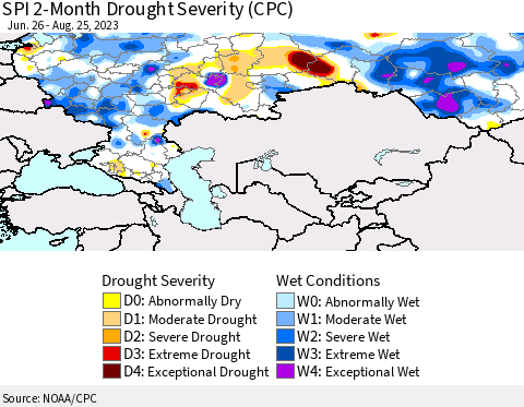 Russian Federation SPI 2-Month Drought Severity (CPC) Thematic Map For 6/26/2023 - 8/25/2023