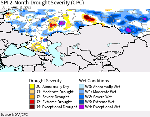 Russian Federation SPI 2-Month Drought Severity (CPC) Thematic Map For 7/1/2023 - 8/31/2023
