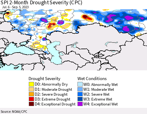 Russian Federation SPI 2-Month Drought Severity (CPC) Thematic Map For 7/6/2023 - 9/5/2023