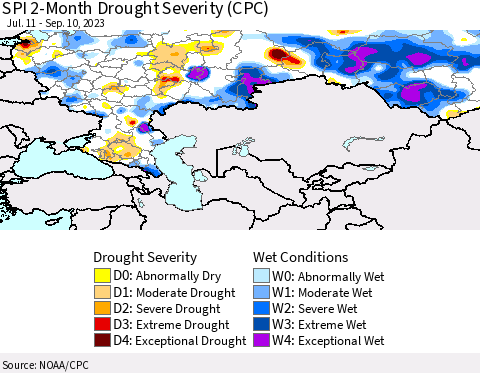 Russian Federation SPI 2-Month Drought Severity (CPC) Thematic Map For 7/11/2023 - 9/10/2023