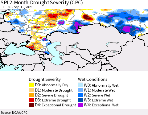 Russian Federation SPI 2-Month Drought Severity (CPC) Thematic Map For 7/16/2023 - 9/15/2023