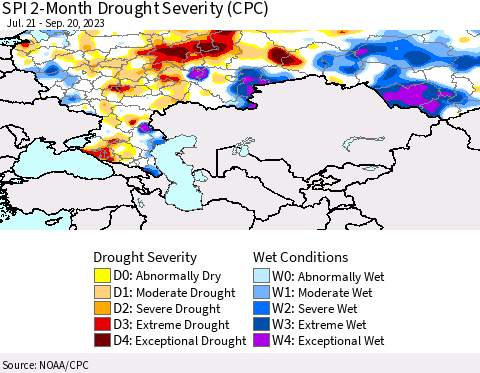 Russian Federation SPI 2-Month Drought Severity (CPC) Thematic Map For 7/21/2023 - 9/20/2023