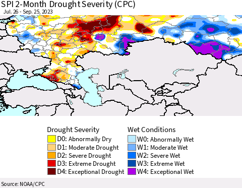 Russian Federation SPI 2-Month Drought Severity (CPC) Thematic Map For 7/26/2023 - 9/25/2023