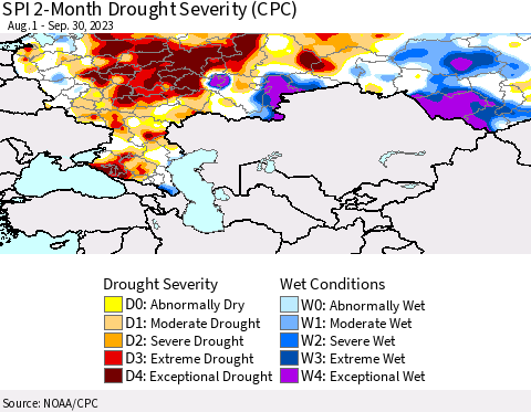 Russian Federation SPI 2-Month Drought Severity (CPC) Thematic Map For 8/1/2023 - 9/30/2023
