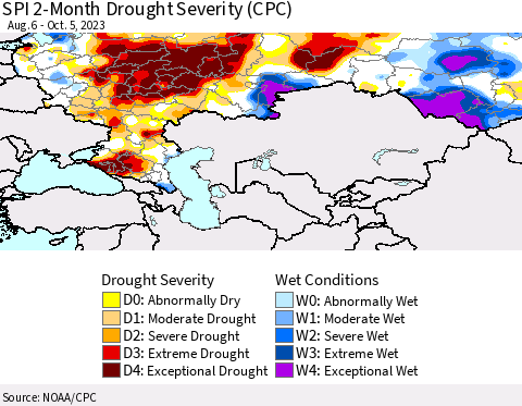 Russian Federation SPI 2-Month Drought Severity (CPC) Thematic Map For 8/6/2023 - 10/5/2023