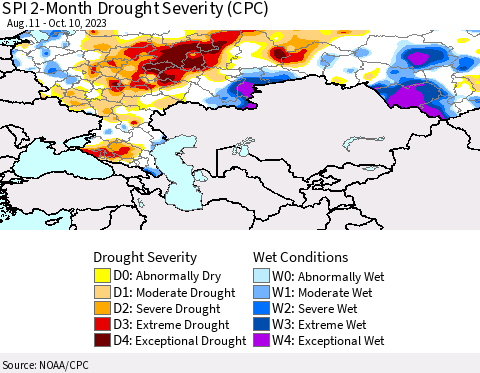 Russian Federation SPI 2-Month Drought Severity (CPC) Thematic Map For 8/11/2023 - 10/10/2023
