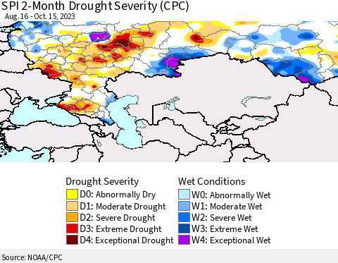 Russian Federation SPI 2-Month Drought Severity (CPC) Thematic Map For 8/16/2023 - 10/15/2023