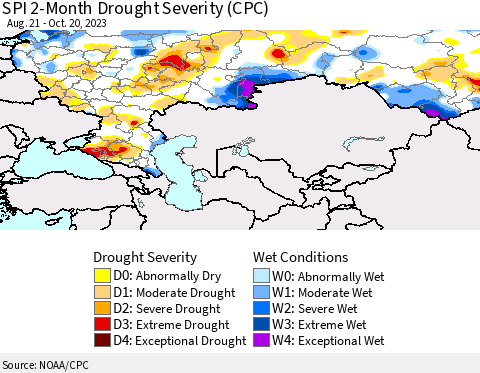 Russian Federation SPI 2-Month Drought Severity (CPC) Thematic Map For 8/21/2023 - 10/20/2023