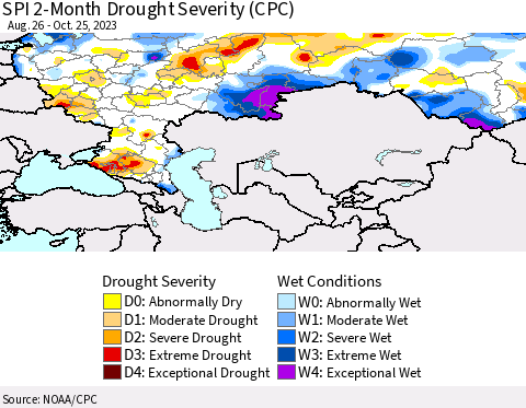 Russian Federation SPI 2-Month Drought Severity (CPC) Thematic Map For 8/26/2023 - 10/25/2023