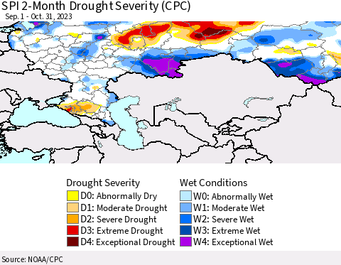 Russian Federation SPI 2-Month Drought Severity (CPC) Thematic Map For 9/1/2023 - 10/31/2023
