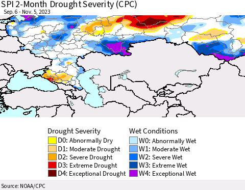 Russian Federation SPI 2-Month Drought Severity (CPC) Thematic Map For 9/6/2023 - 11/5/2023