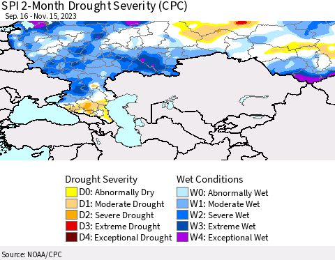 Russian Federation SPI 2-Month Drought Severity (CPC) Thematic Map For 9/16/2023 - 11/15/2023