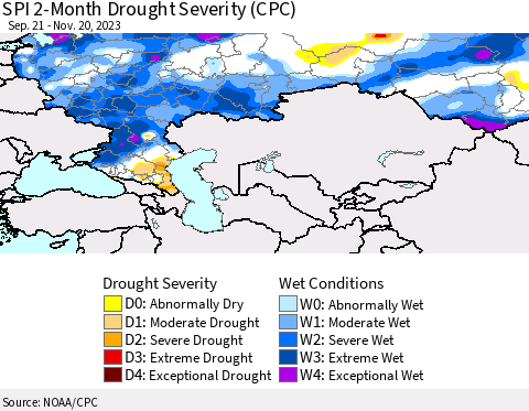 Russian Federation SPI 2-Month Drought Severity (CPC) Thematic Map For 9/21/2023 - 11/20/2023