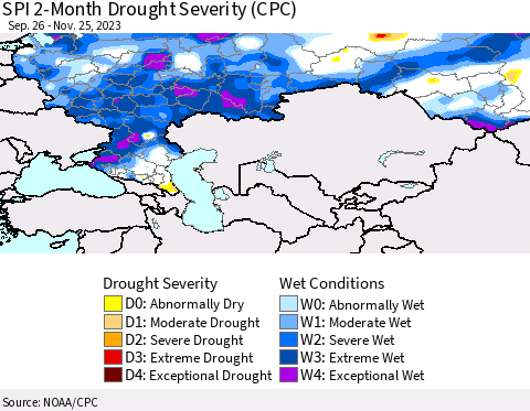 Russian Federation SPI 2-Month Drought Severity (CPC) Thematic Map For 9/26/2023 - 11/25/2023