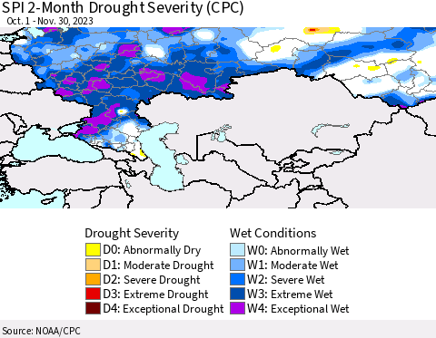 Russian Federation SPI 2-Month Drought Severity (CPC) Thematic Map For 10/1/2023 - 11/30/2023