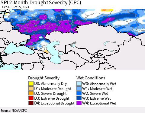 Russian Federation SPI 2-Month Drought Severity (CPC) Thematic Map For 10/6/2023 - 12/5/2023