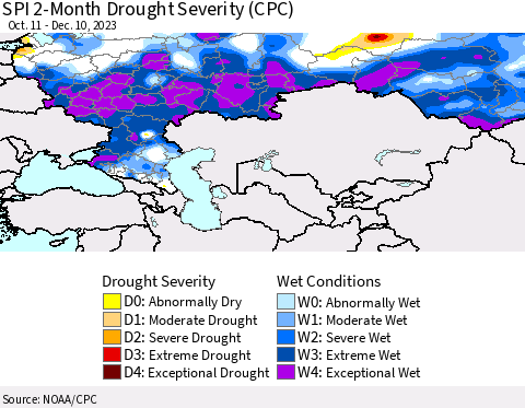 Russian Federation SPI 2-Month Drought Severity (CPC) Thematic Map For 10/11/2023 - 12/10/2023