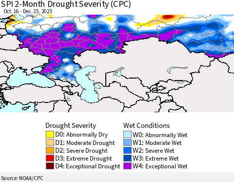 Russian Federation SPI 2-Month Drought Severity (CPC) Thematic Map For 10/16/2023 - 12/15/2023