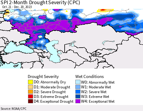 Russian Federation SPI 2-Month Drought Severity (CPC) Thematic Map For 10/21/2023 - 12/20/2023