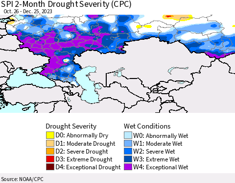 Russian Federation SPI 2-Month Drought Severity (CPC) Thematic Map For 10/26/2023 - 12/25/2023