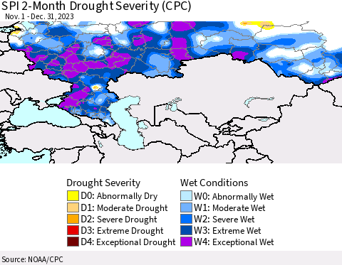Russian Federation SPI 2-Month Drought Severity (CPC) Thematic Map For 11/1/2023 - 12/31/2023