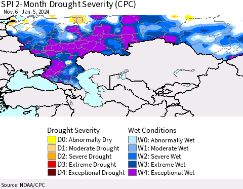 Russian Federation SPI 2-Month Drought Severity (CPC) Thematic Map For 11/6/2023 - 1/5/2024