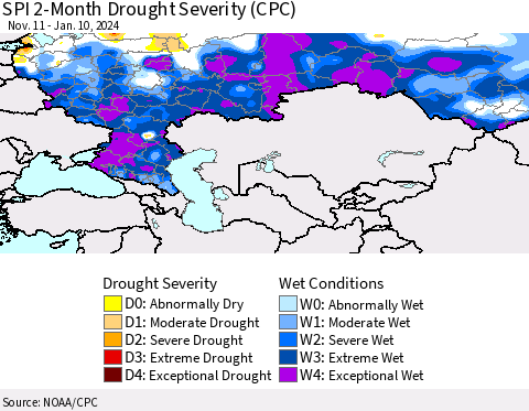 Russian Federation SPI 2-Month Drought Severity (CPC) Thematic Map For 11/11/2023 - 1/10/2024