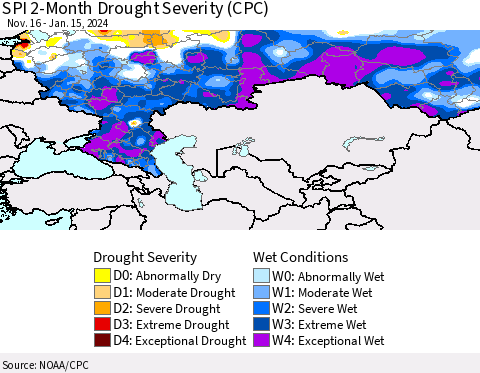 Russian Federation SPI 2-Month Drought Severity (CPC) Thematic Map For 11/16/2023 - 1/15/2024