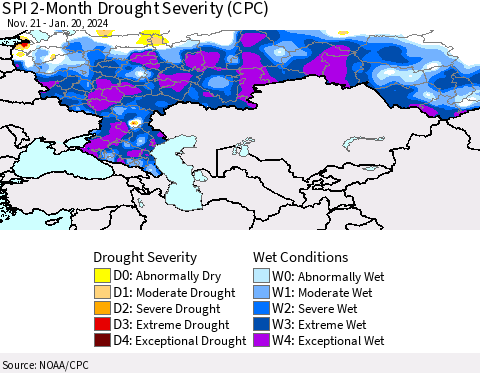 Russian Federation SPI 2-Month Drought Severity (CPC) Thematic Map For 11/21/2023 - 1/20/2024