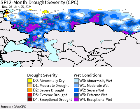 Russian Federation SPI 2-Month Drought Severity (CPC) Thematic Map For 11/26/2023 - 1/25/2024