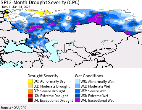 Russian Federation SPI 2-Month Drought Severity (CPC) Thematic Map For 12/1/2023 - 1/31/2024