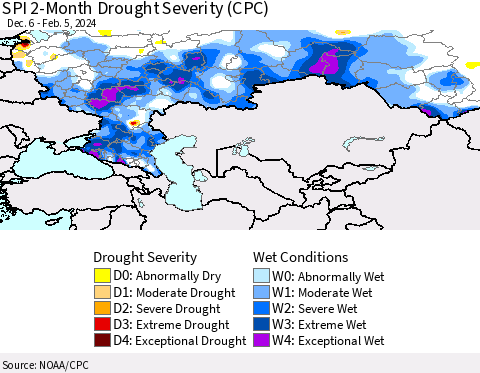 Russian Federation SPI 2-Month Drought Severity (CPC) Thematic Map For 12/6/2023 - 2/5/2024
