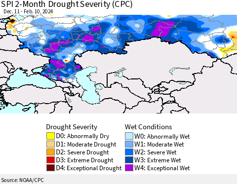Russian Federation SPI 2-Month Drought Severity (CPC) Thematic Map For 12/11/2023 - 2/10/2024