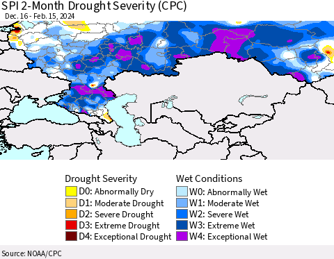 Russian Federation SPI 2-Month Drought Severity (CPC) Thematic Map For 12/16/2023 - 2/15/2024