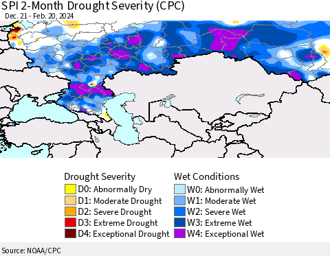 Russian Federation SPI 2-Month Drought Severity (CPC) Thematic Map For 12/21/2023 - 2/20/2024