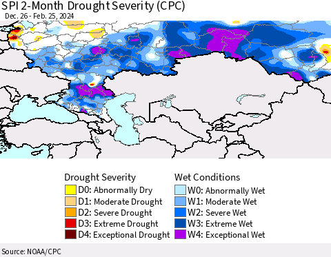 Russian Federation SPI 2-Month Drought Severity (CPC) Thematic Map For 12/26/2023 - 2/25/2024