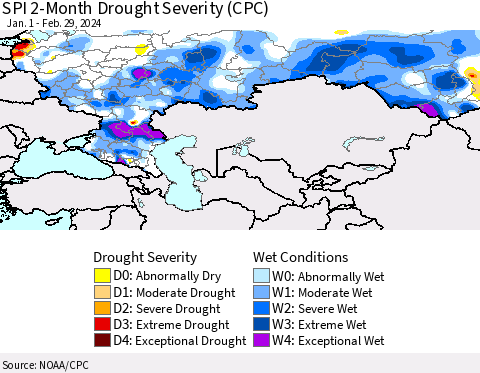 Russian Federation SPI 2-Month Drought Severity (CPC) Thematic Map For 1/1/2024 - 2/29/2024