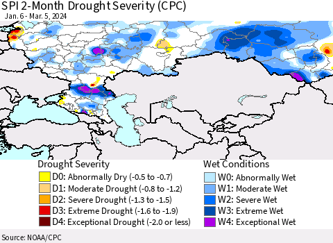 Russian Federation SPI 2-Month Drought Severity (CPC) Thematic Map For 1/6/2024 - 3/5/2024