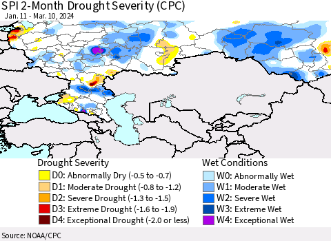 Russian Federation SPI 2-Month Drought Severity (CPC) Thematic Map For 1/11/2024 - 3/10/2024